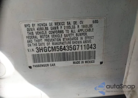 2005 Honda Accord 2.4 Lx from USA, damaged, VIN 3HGCM56435G711043